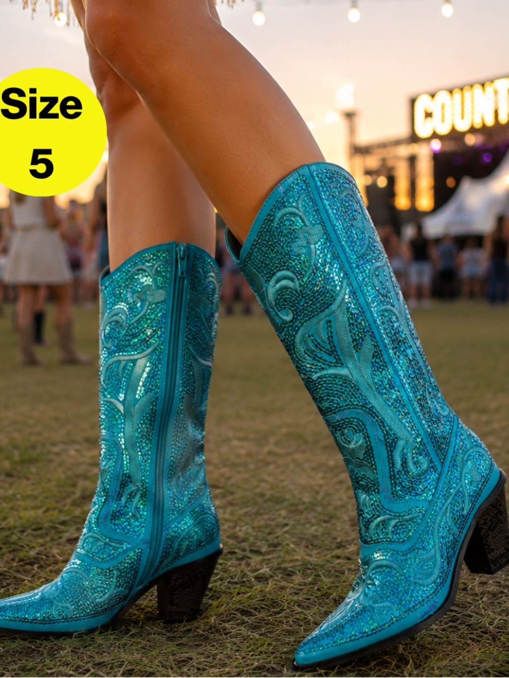 HELENS HEART 🩵 Glamorous Sequins Knee-High Cowboy Western Boots (Women’s Size 5)